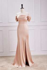 Champagne Off-Shoulder Mermaid Satin Long Bridesmaid Dress with Slit