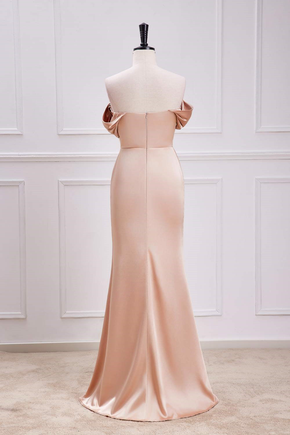 Champagne Off-Shoulder Mermaid Satin Long Bridesmaid Dress with Slit