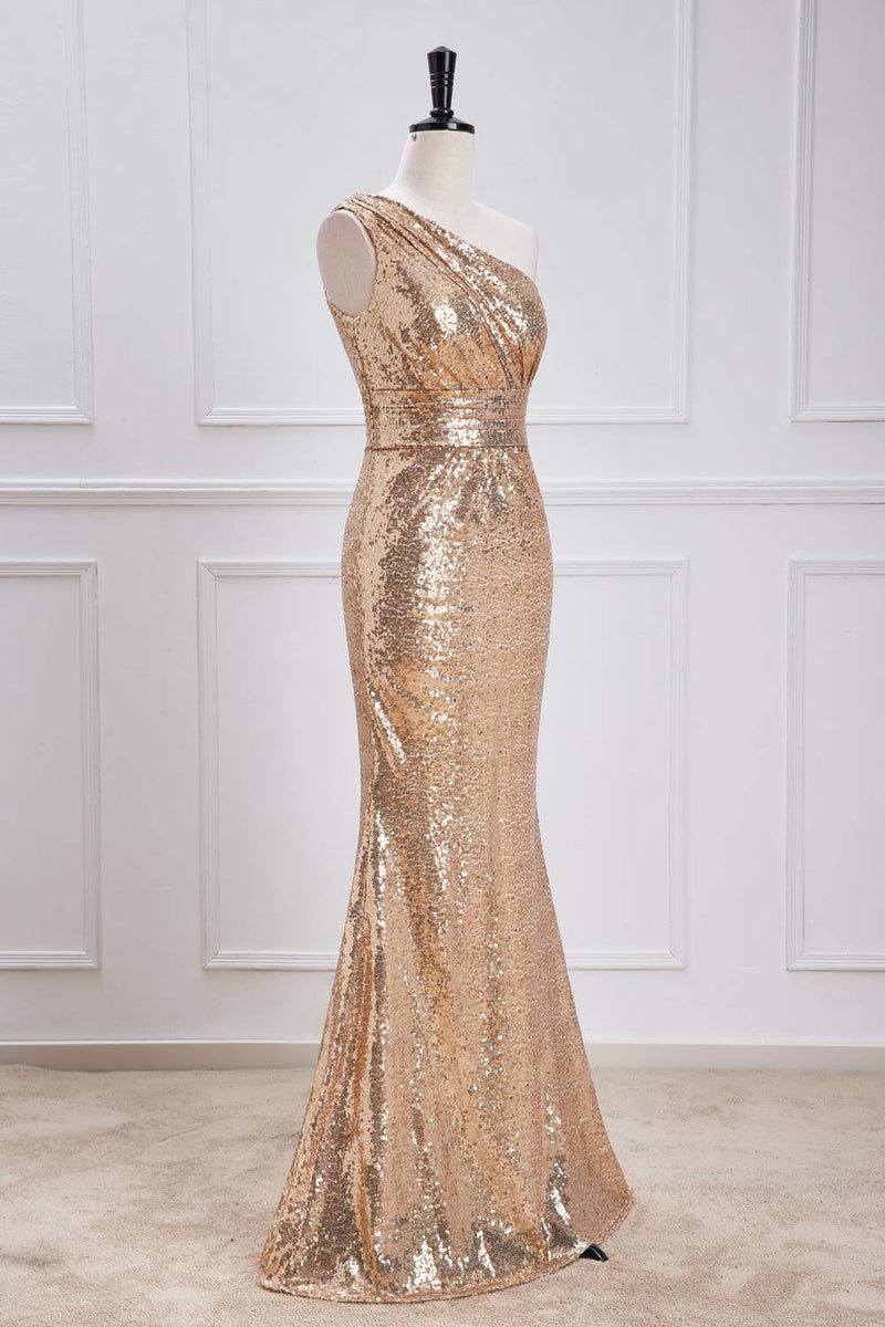 Gold One-Shoulder Sequins Mermaid Long Bridesmaid Dress