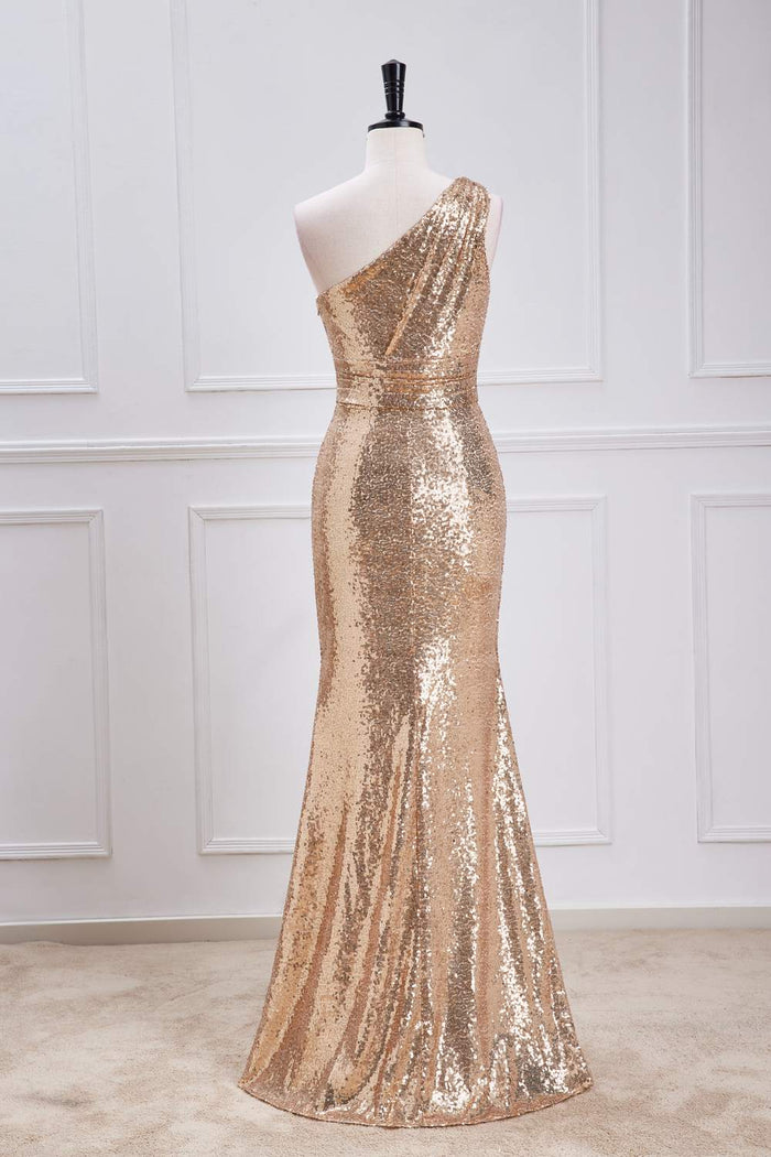 Gold One-Shoulder Sequins Mermaid Long Bridesmaid Dress