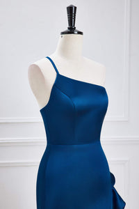 Blue One Shoulder Ruffled Mermaid Hi-Low Bridesmaid Dress