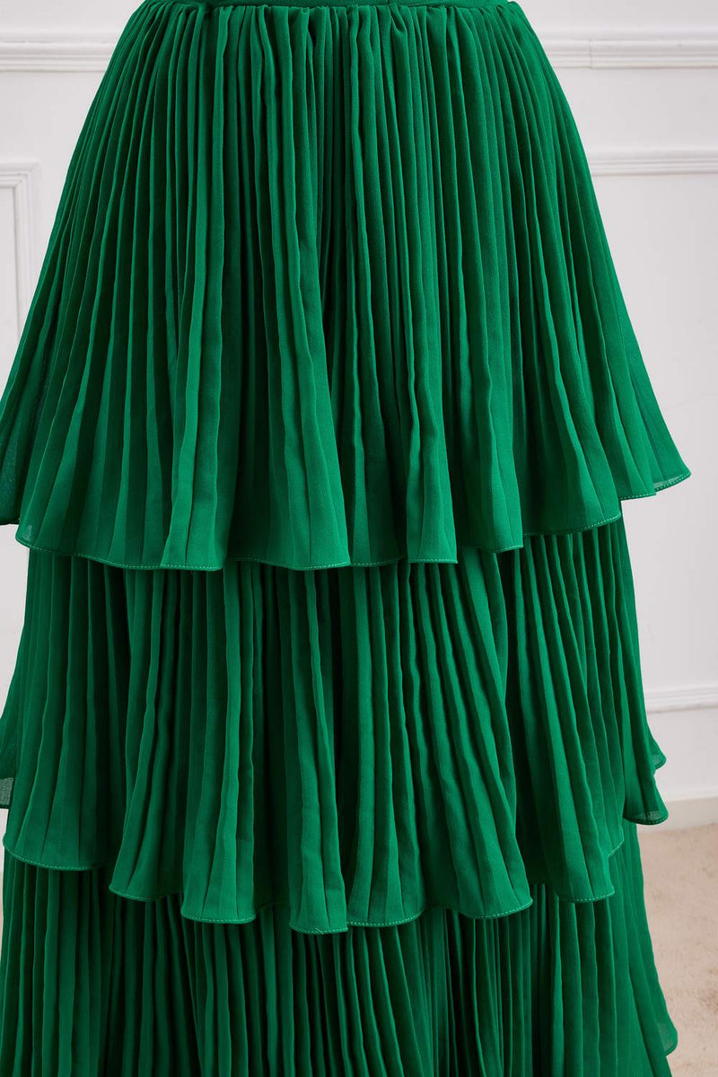 Hunter Green Strapless Pleated A-line Layers Long Prom Dress