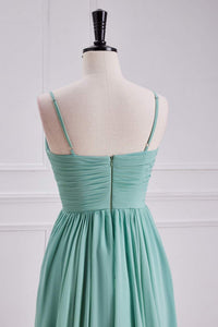 Mint Green Spaghetti Straps A-line Long Bridesmaid Dress with Slit