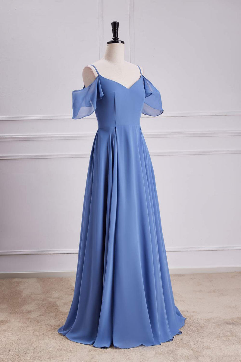 Blue Cold Shoulder A-line Chiffon Long Bridesmaid Dress