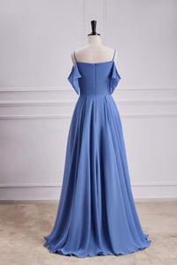 Blue Cold Shoulder A-line Chiffon Long Bridesmaid Dress