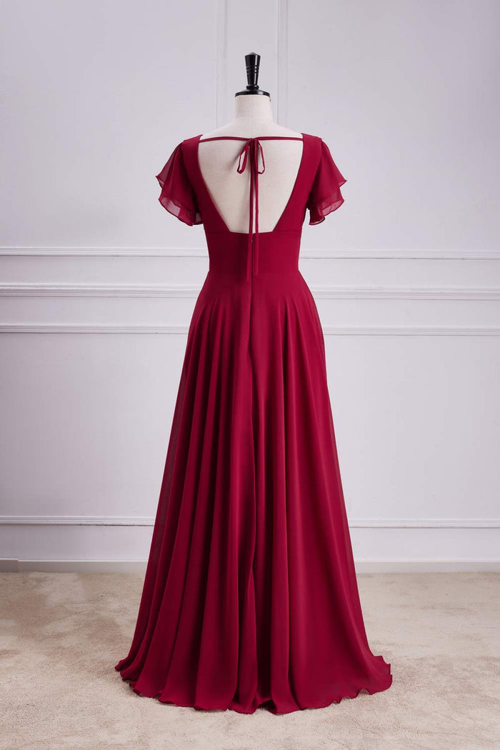 Wine Red Flaunt Sleeves V Neck A-line Long Bridesmaid Dress with Slit