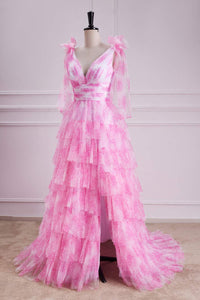 Pink Floral Bow Tie Straps Layers A-line Long Prom Dress with Slit