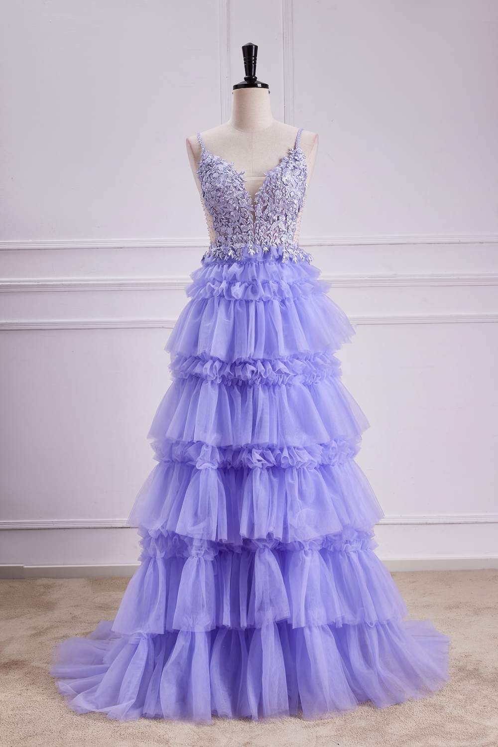 Lavender Floral Lace Plunge Neck A-Line Prom Dress – Modsele