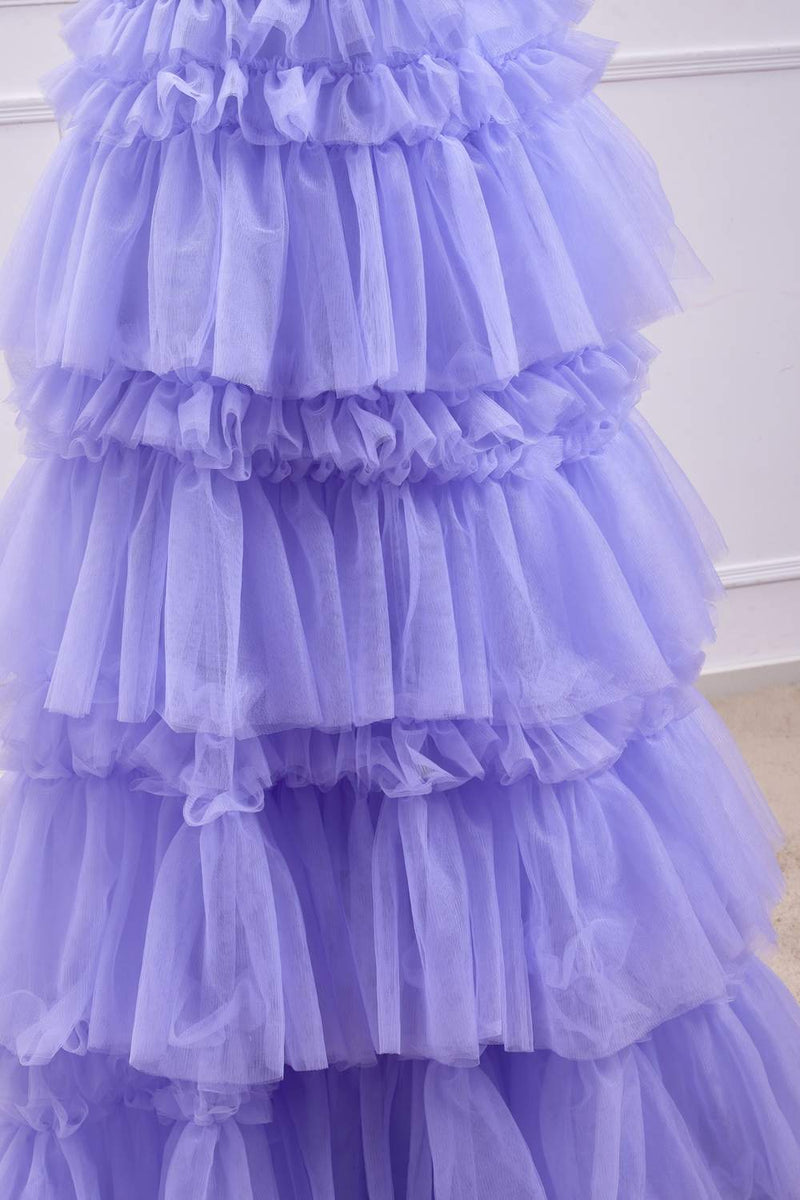 Lavender Plunging V Neck Floral Layers A-line Long Prom Dress