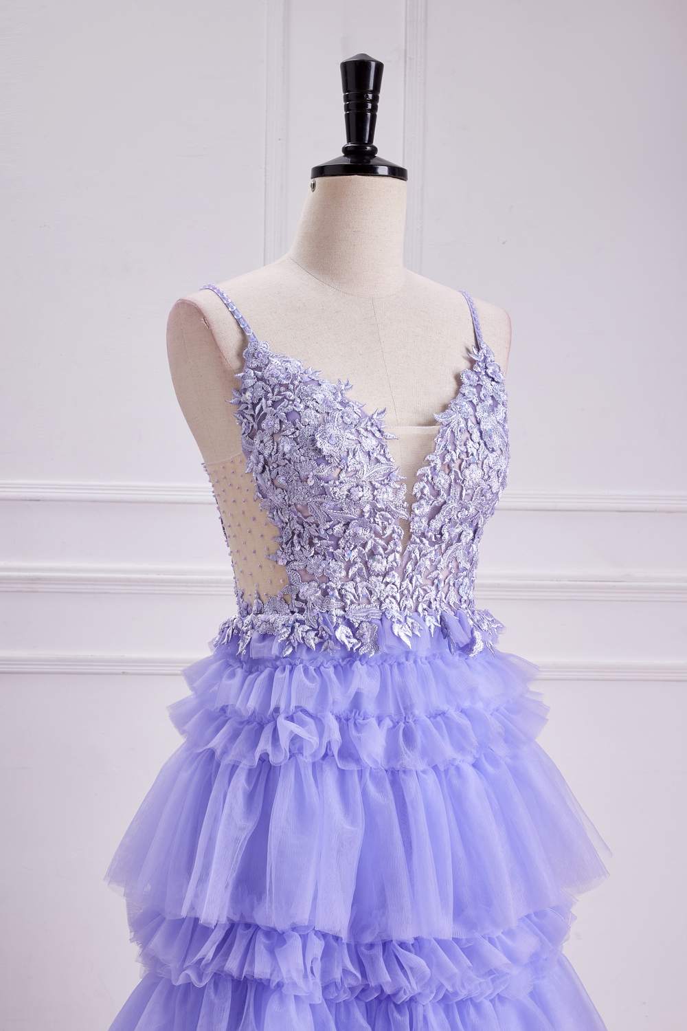 Lavender Plunging V Neck Floral Layers A-line Long Prom Dress