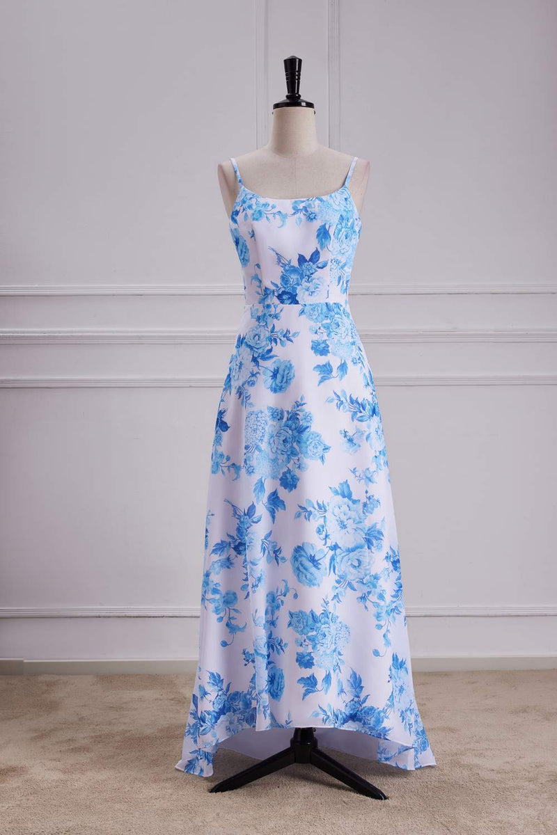Blue Floral Spaghetti Straps A-line Long Bridesmaid Dress