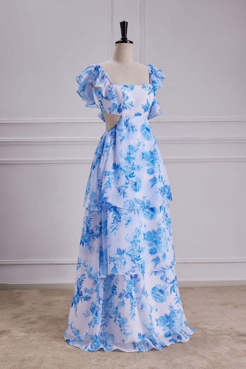 Blue Floral Bow Tie Flutter Sleeves Layers A-line Long Bridesmaid Dress
