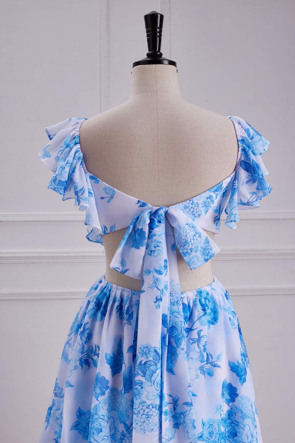 Blue Floral Bow Tie Flutter Sleeves Layers A-line Long Bridesmaid Dress
