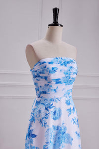 Blue Floral Strapless A-line Long Bridesmaid Dress