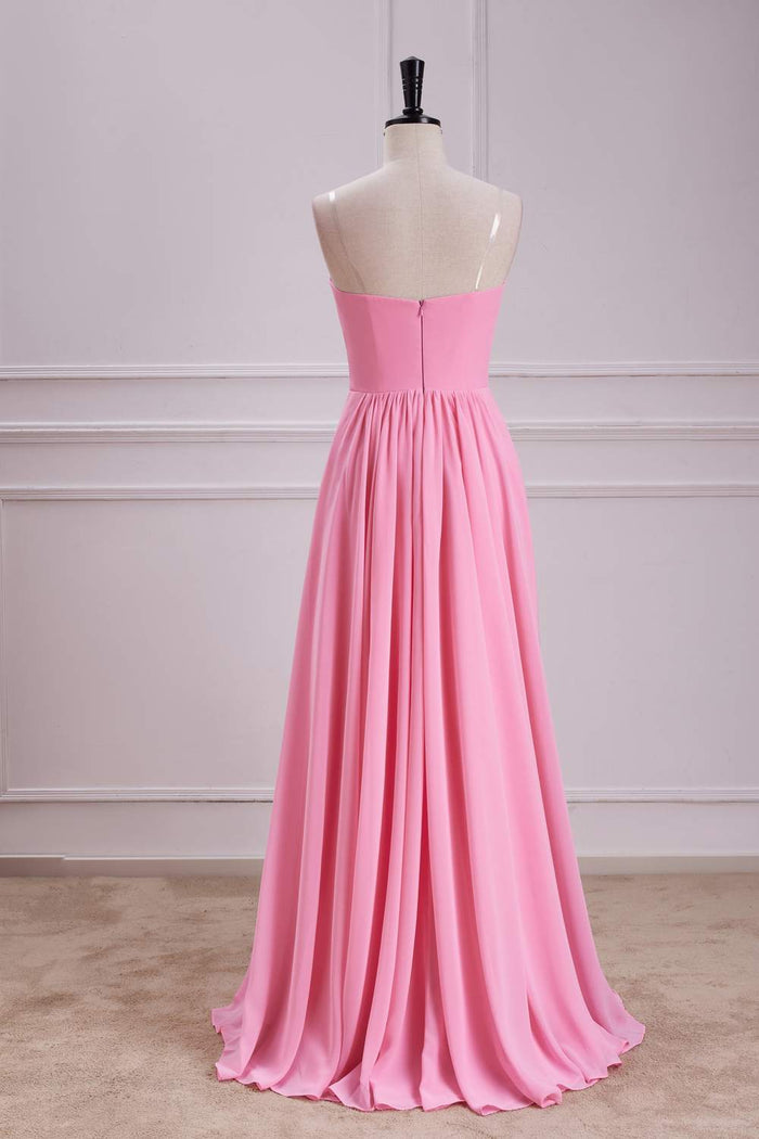 Candy Pink Strapless A-line Long Bridesmaid Dress with Bow