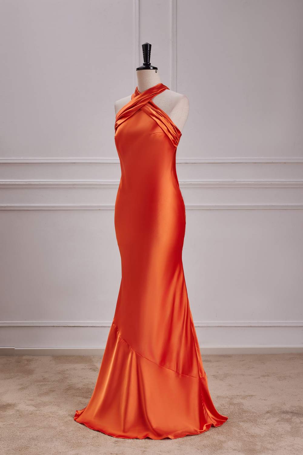 Orange Bow Tie Halter Mermaid Satin Long Bridesmaid Dress