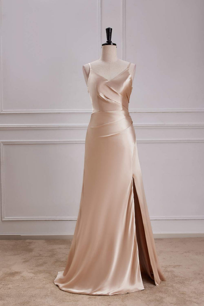 Champagne V Neck A-line Satin Silp Long Bridesmaid Dress with Slit