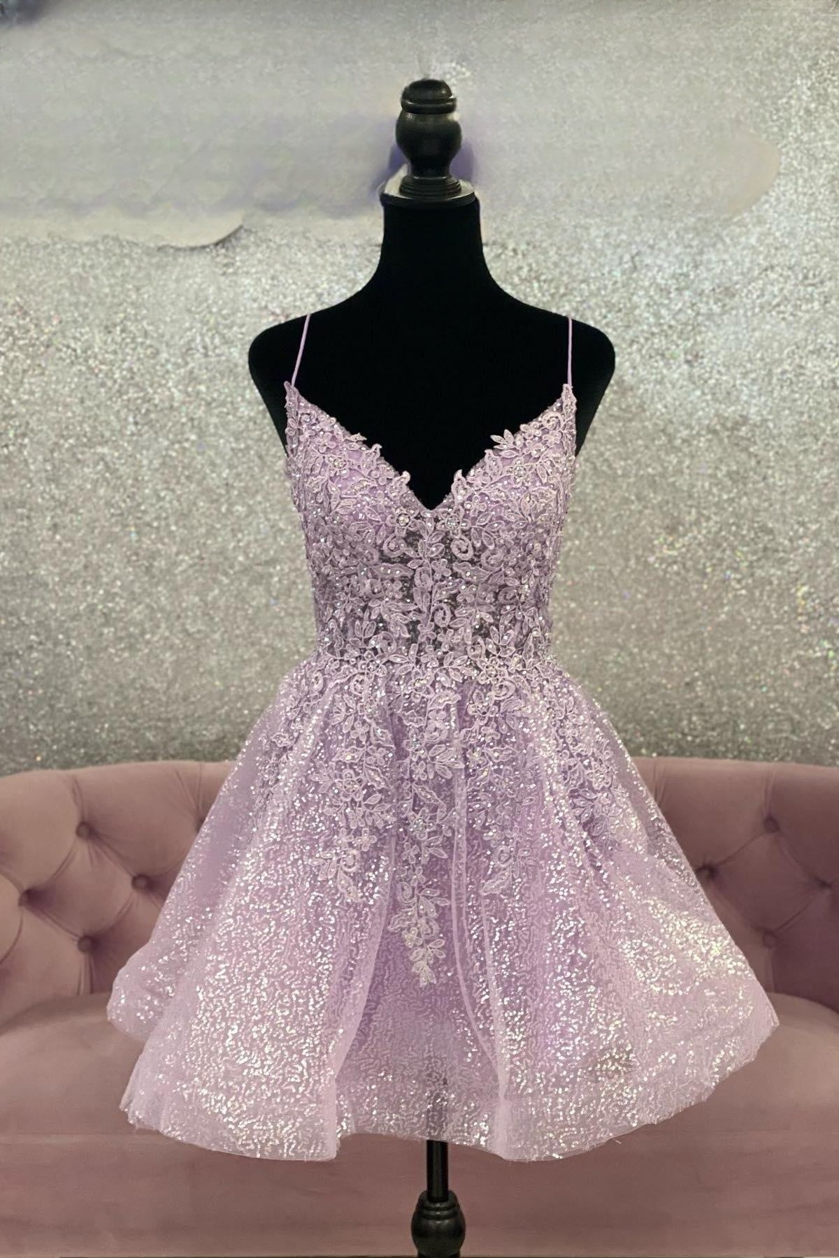Lilac A-line Sequined Appliques Straps V Neck Homecoming Dress
