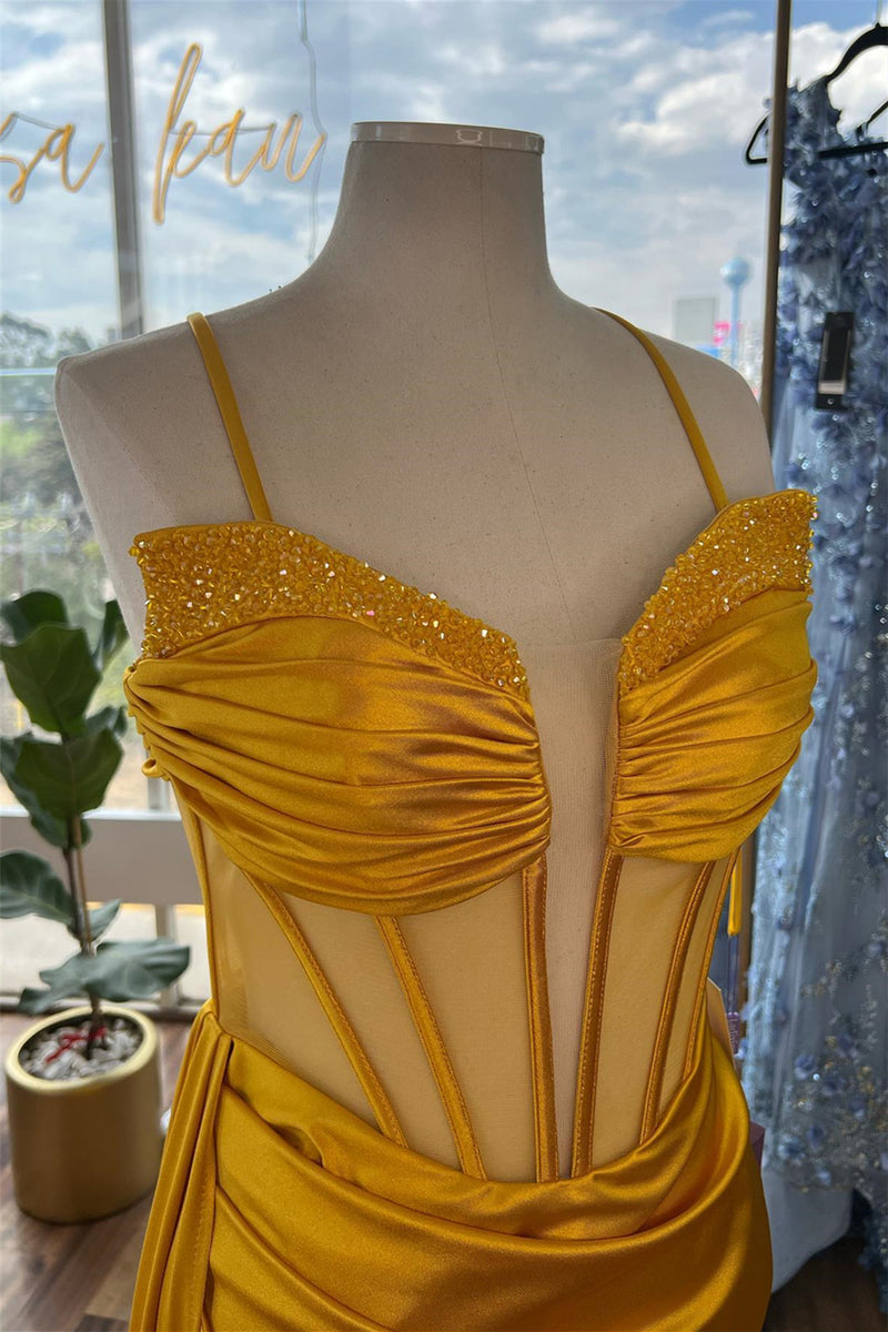 Yellow Beaded Mermaid Satin Deep V Neck Long Prom Dress with Slit