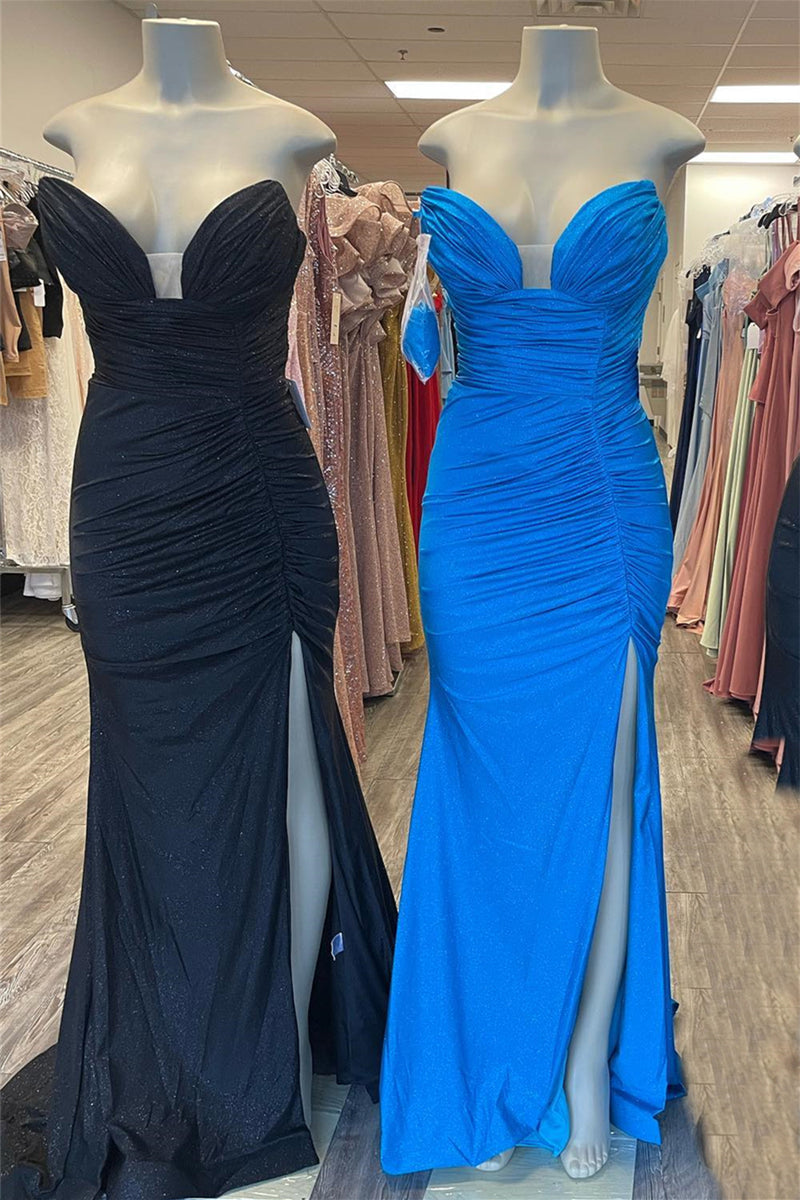 Black & Blue Jay Strapless Mermaid Pleated Long Prom Dress with Slit