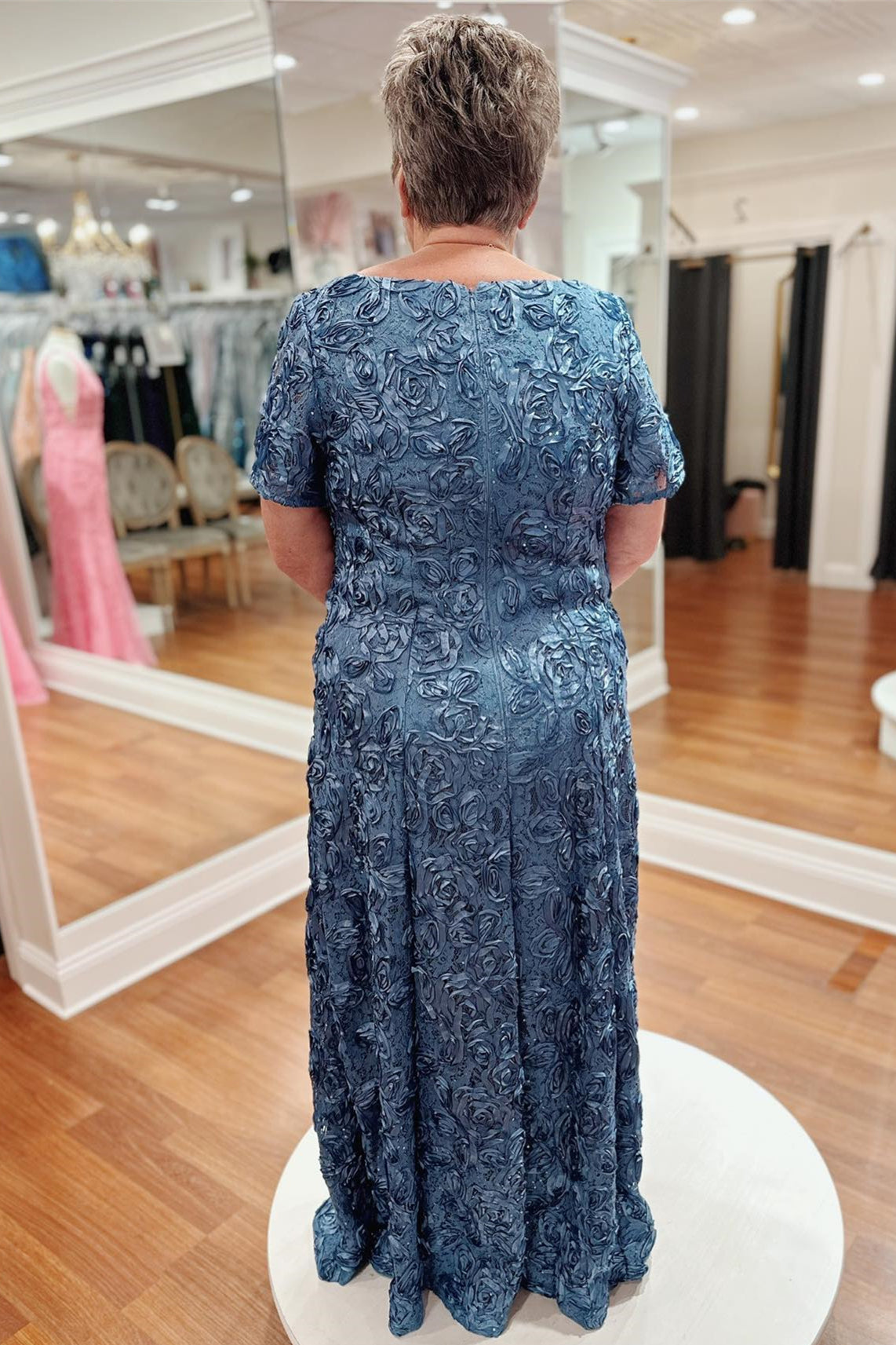 Steel Blue Jewel Sleeves 3D Rose Appliques Long Mother of Bride Dress
