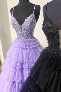 Lilac & Black Layers Plunging V A-line Floral Long Prom Dress