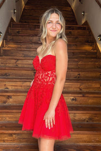 Red Strapless Appliques A-line Tulle Homecoming Dress