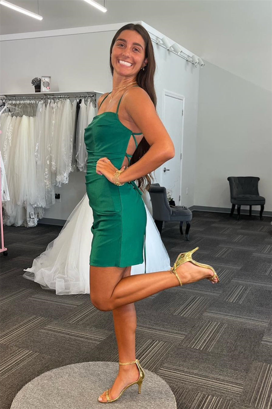 Hunter Green Lace-Up Sheath Satin Homecoming Dress