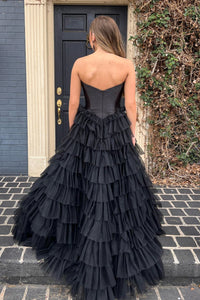 Black Strapless A-line Multi-Layers Tulle Long Prom Dress