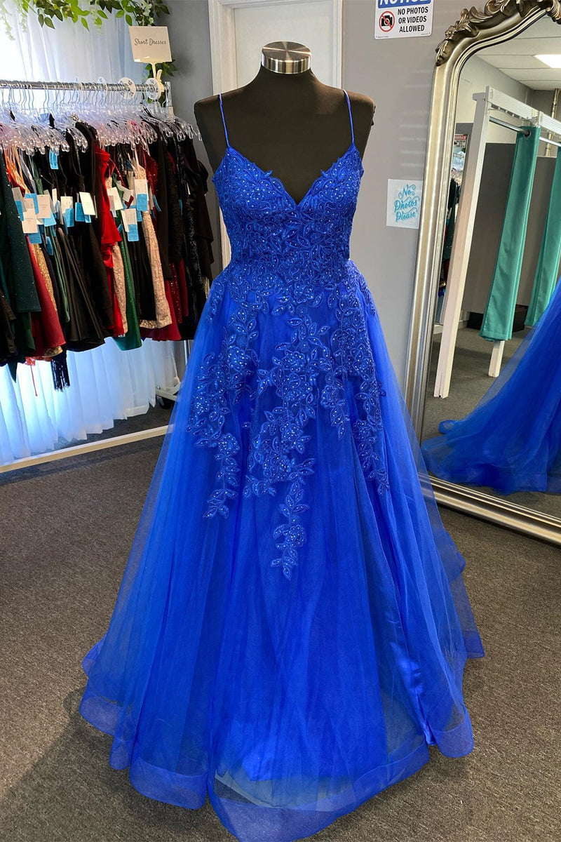 Royal Blue Appliques Deep V Neck Lace-Up A-line Tulle Long Prom