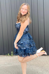 Dark Navy Straps Sequined Multi-Layers Tulle Homecoming Dress