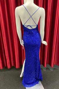 Royal Blue Lace-Up Sequins Mermaid Long Prom Dress with Slit