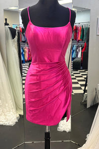 Fuchsia Satin Sheath Lace-Up Homecoming Dress