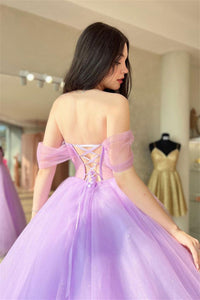 Lilac Off-the-Shoulder Lace-Up Tulle Long Prom Dress