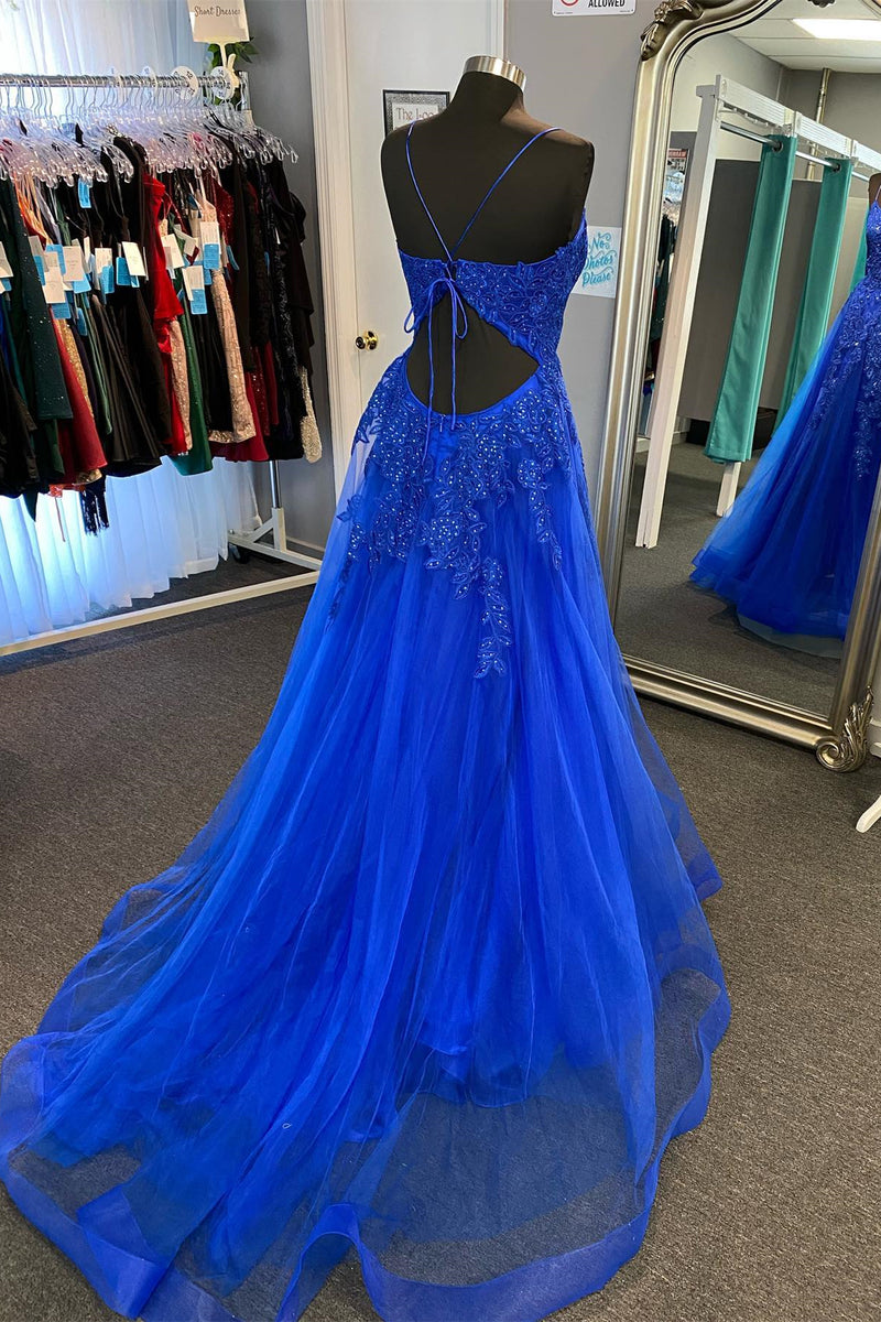 Royal Blue Appliques Deep V Neck Lace-Up A-line Tulle Long Prom Dress