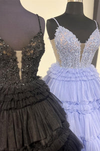 Black & Lavender Layers Plunging V A-line Floral Long Prom Dress