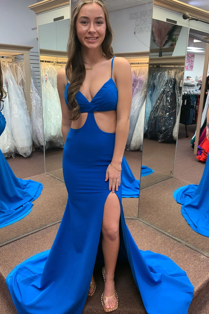 Royal Blue Mermaid Spaghetti Straps Satin Long Prom Dress with Slit