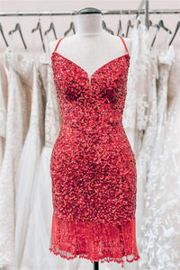 Red Lace-Up Sequins Sheath V Neck Homecoming Dress with Tassels