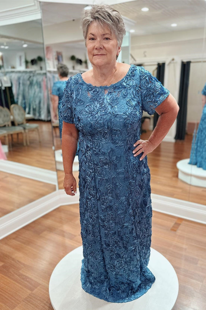 Steel Blue Jewel Sleeves 3D Rose Appliques Long Mother of Bride Dress