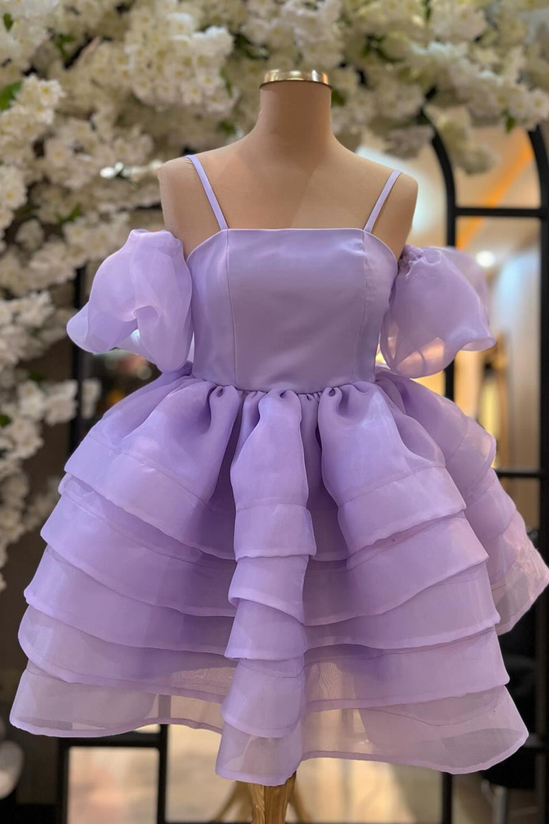 Lavender Cold Shoulder Straps Puff Sleeves Layers Homecoming Dress