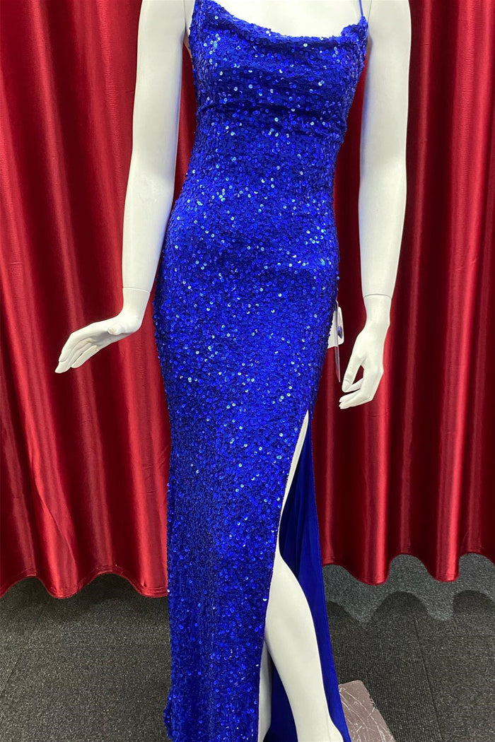 Royal Blue Lace-Up Sequins Mermaid Long Prom Dress with Slit