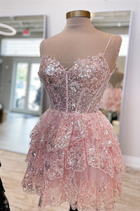 Pink Straps Sequined Multi-Layers Tulle Homecoming Dress