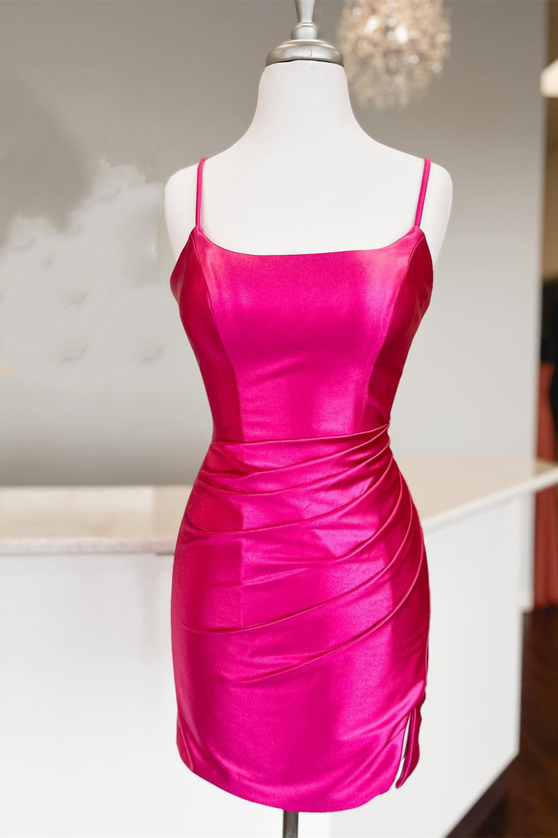 Fuchsia Satin Sheath Lace-Up Homecoming Dress
