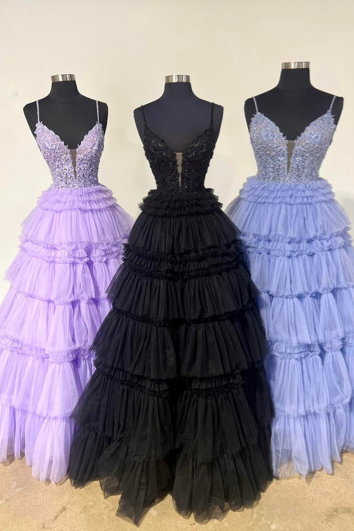 Lilac & Black & Lavender Layers Plunging V A-line Floral Long Prom Dress