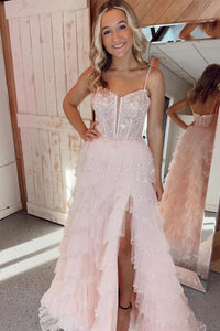 Light Pink Spaghetti Straps Sequined Layers Floral Long Prom Dress with Slit