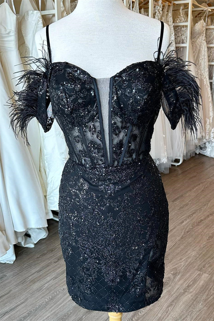 Black Off-the-Shoulder Sequined Embroidery Sheath Homecoming Dress with Feathers