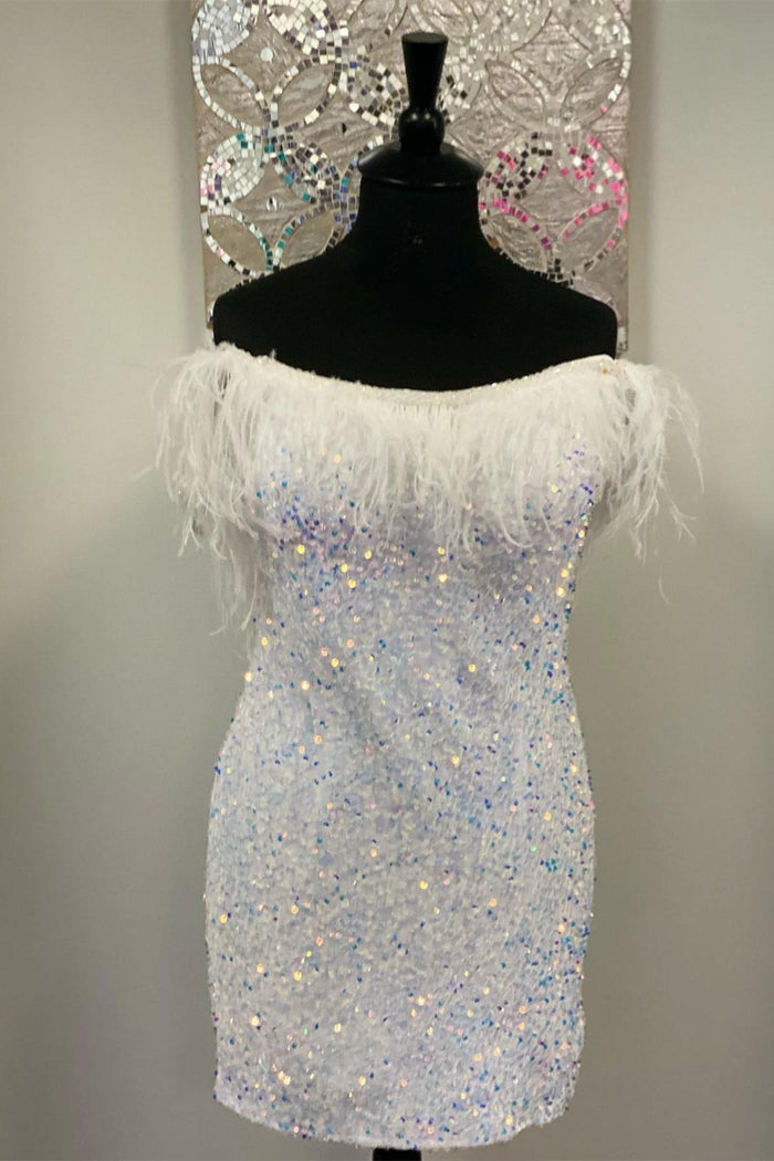 White Sequins Strapless Sheath Homecoming Dress with Feathers