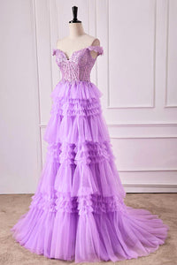 Lavender Off-Shoulder Floral Layers A-line Long Prom Dress