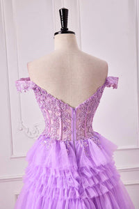 Lavender Off-Shoulder Floral Layers A-line Long Prom Dress