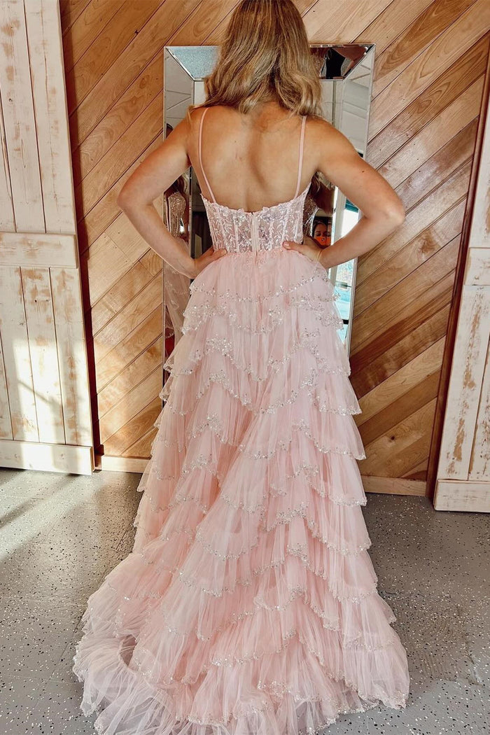 Light Pink Spaghetti Straps Sequined Layers Floral Long Prom Dress with Slit